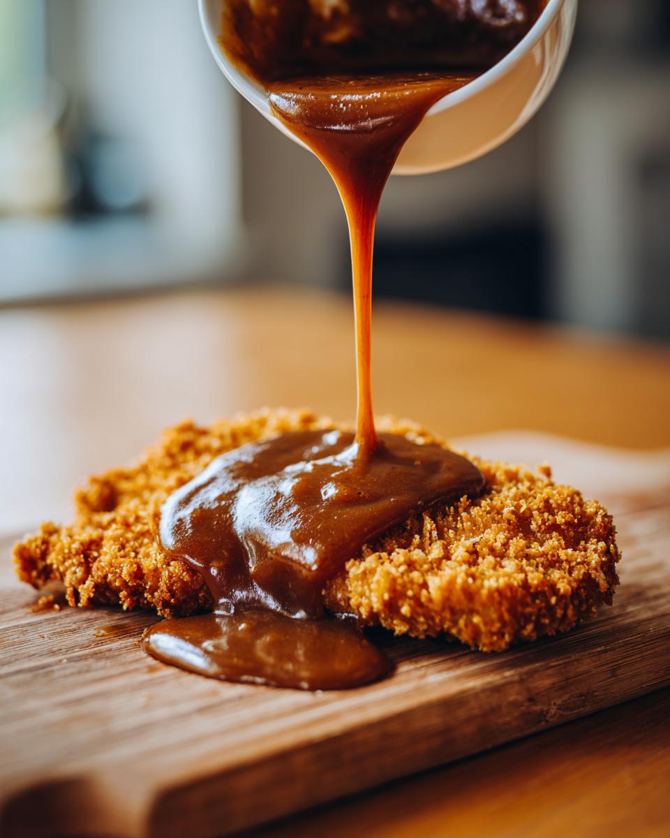 Eine knusprig panierte Schnitzel wird gerade mit einer dunklen, glänzenden Biersauce übergossen.