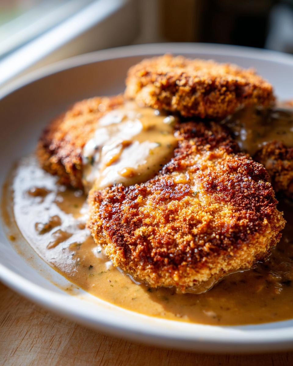 Drei goldbraun panierte Schnitzel, übergossen mit cremiger Zwiebel-Senf-Sahnesauce in einem weißen Teller.