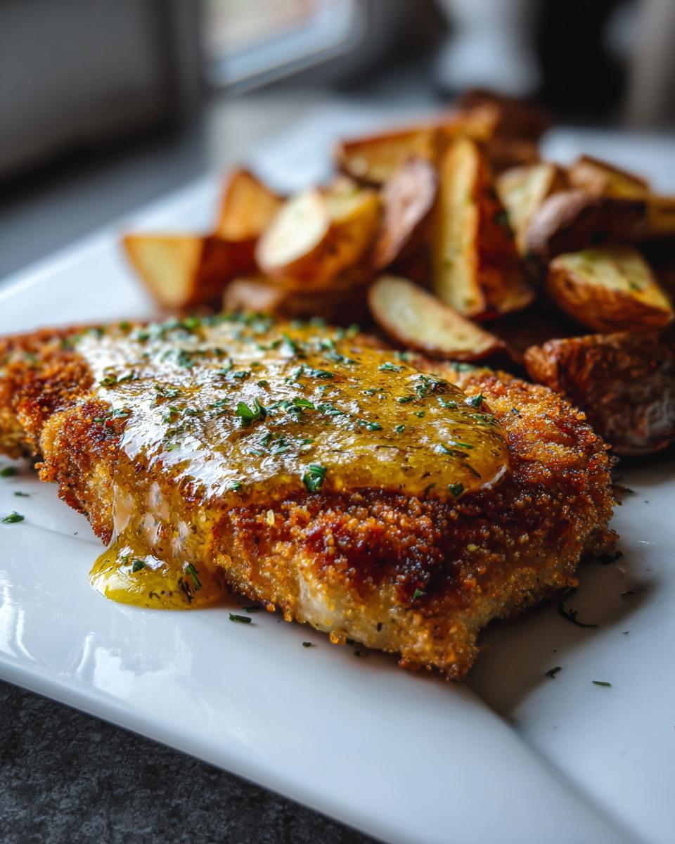 Goldbraunes Schnitzel mit zerlaufener Knoblauchbutter und Petersilie, serviert mit knusprigen Bratkartoffeln.