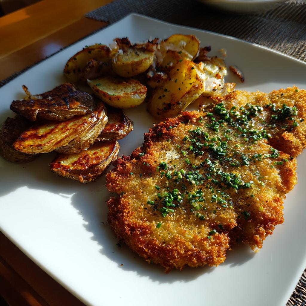 Knuspriges Schnitzel mit zerlassener Knoblauchbutter und goldbraunen Bratkartoffeln auf einem weißen Teller.