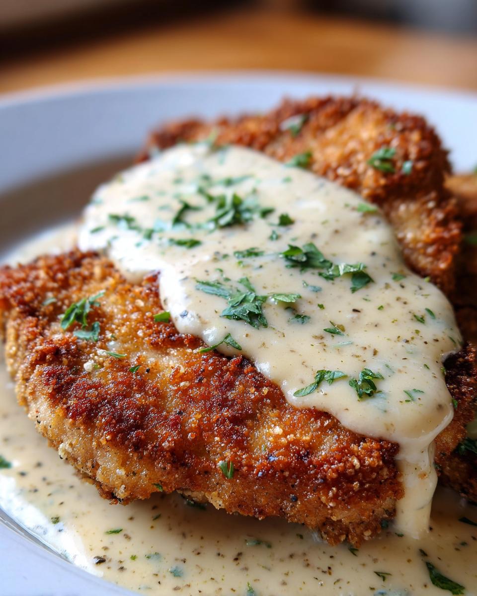Nahaufnahme von goldbraun paniertem Schnitzel mit cremiger Knoblauchrahmsauce und Petersilie.
