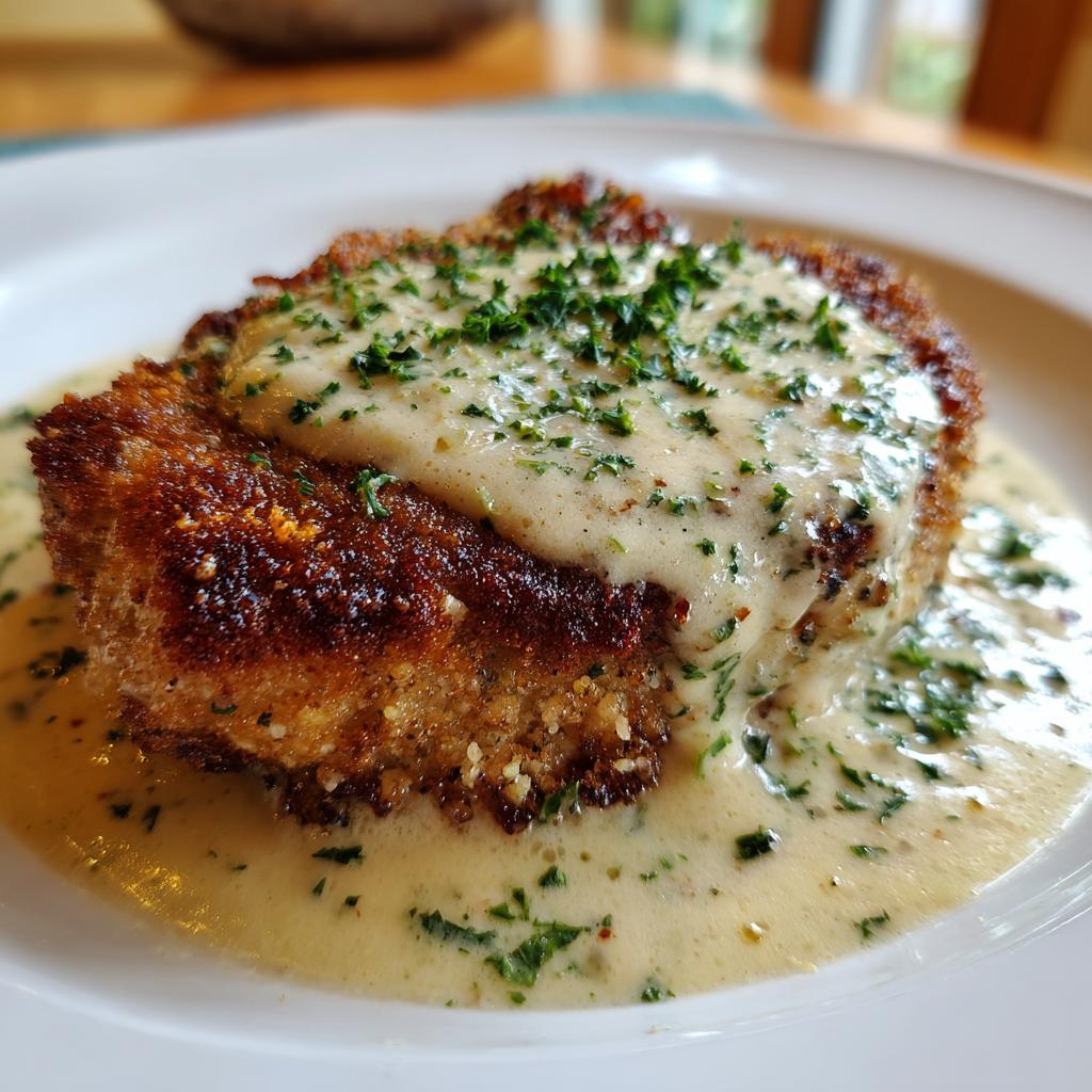 Nahaufnahme eines panierten Schnitzels, übergossen mit cremiger Knoblauchrahmsauce und Petersilie.