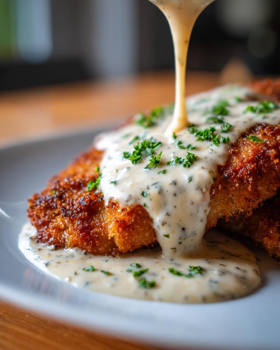 Goldbraunes Schnitzel wird mit cremiger Knoblauchrahmsauce übergossen und mit Petersilie bestreut.