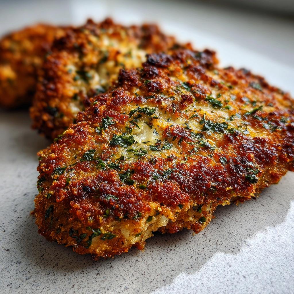 Nahaufnahme von goldbraunem Schnitzel mit Kräuter-Parmesan-Kruste, sehr knusprig und saftig.