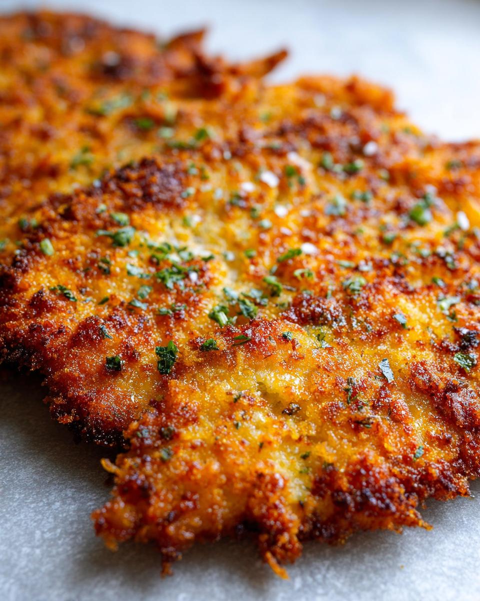 Nahaufnahme eines goldbraun gebratenen Schnitzels mit einer knusprigen Kräuter-Parmesan-Kruste und Petersilie.