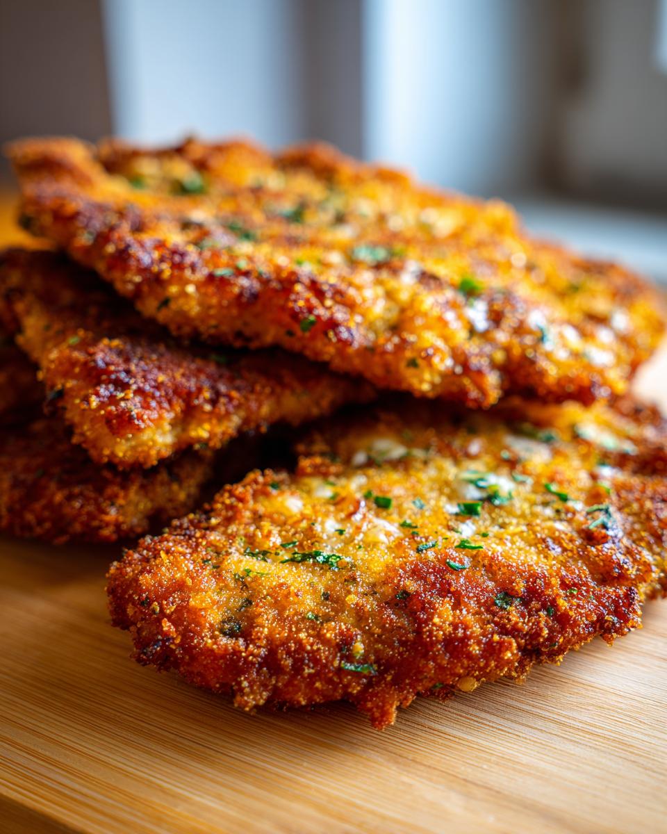 Stapel goldbrauner Schnitzel mit Kräuter-Parmesan-Kruste, appetitlich auf einem Holzbrett angerichtet.