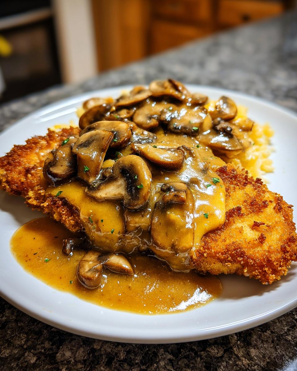 Ein goldbraunes Schnitzel übergossen mit reichlich Champignon-Käsesauce und Pilzen.