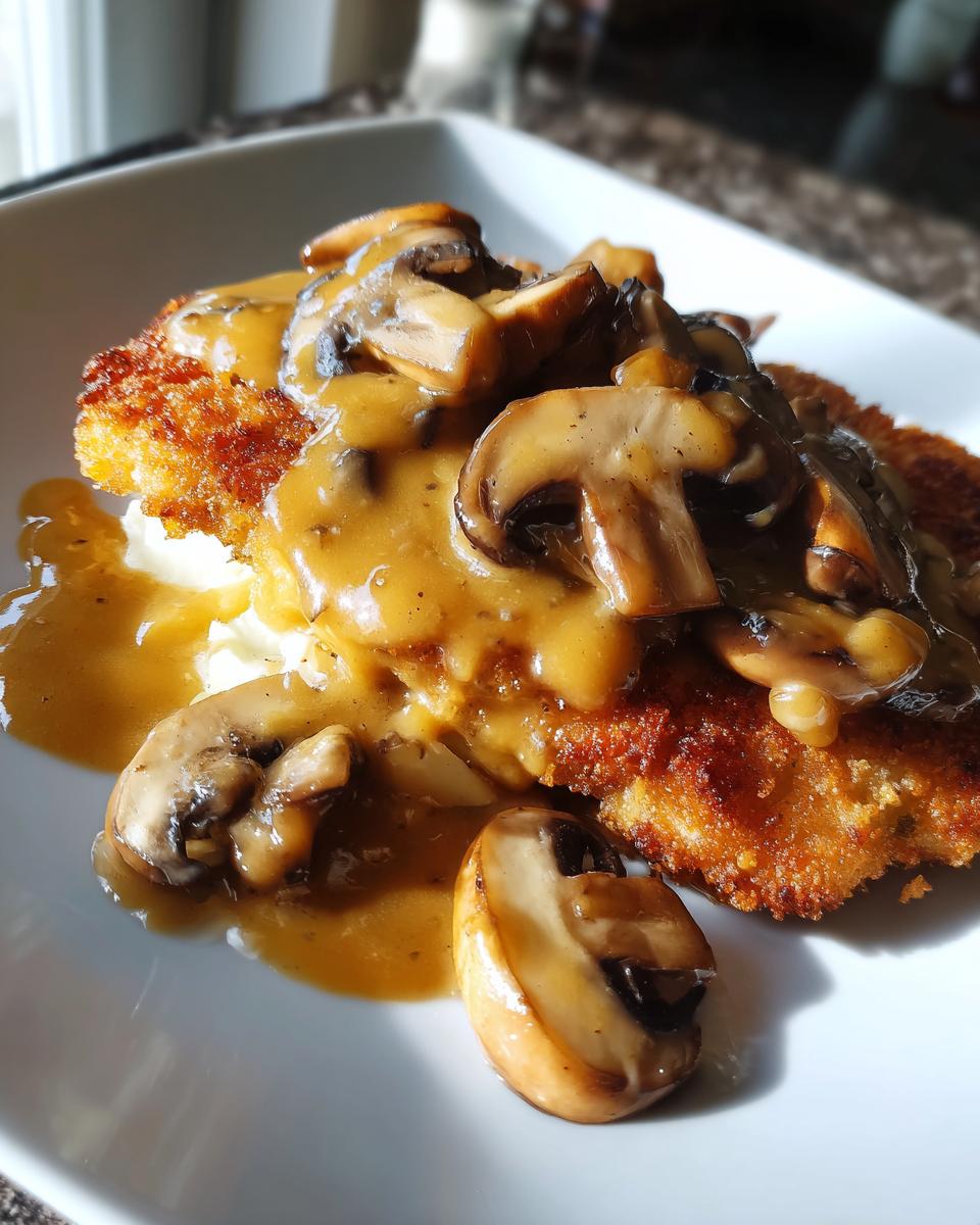 Nahaufnahme von paniertem Schnitzel übergossen mit cremiger Champignon-Käsesauce.