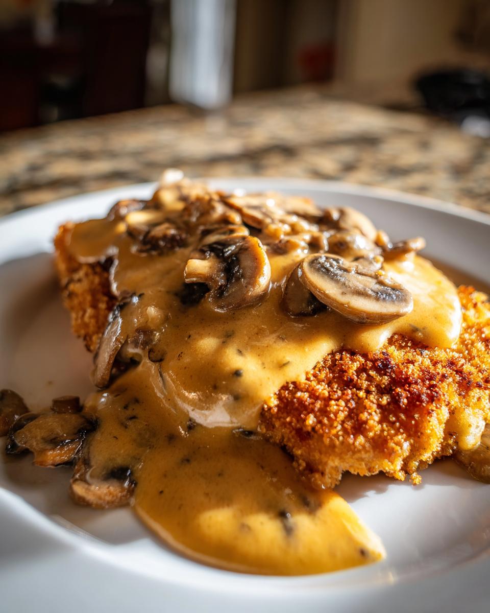 Nahaufnahme eines panierten Schnitzels übergossen mit cremiger Champignon-Käsesauce.