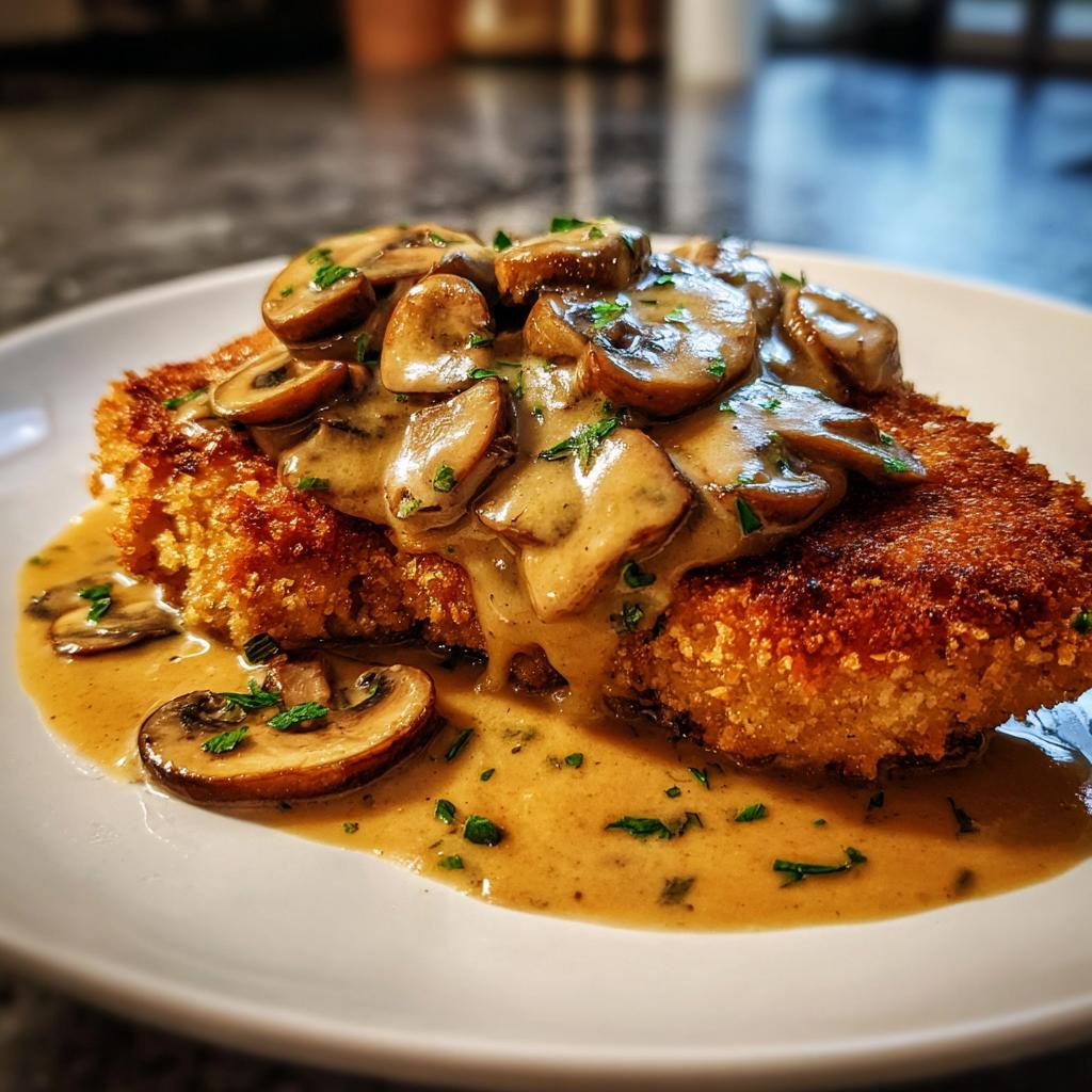 Ein goldbraun paniertes Schnitzel übergossen mit reichlich cremiger Champignon-Käsesauce und frischer Petersilie.