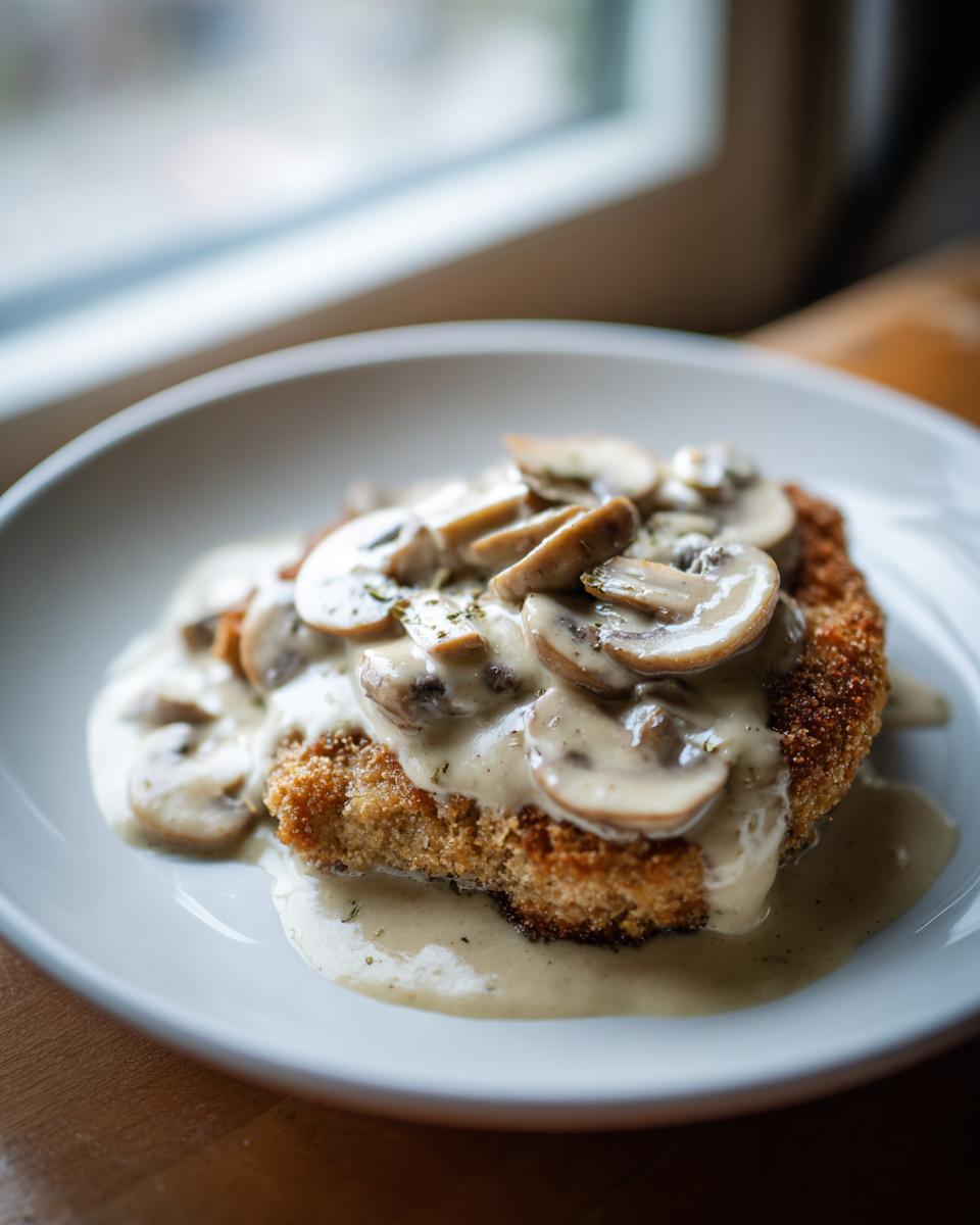 Ein goldbraun paniertes Schnitzel übergossen mit cremiger Champignonrahmsauce, angerichtet auf einem weißen Teller.
