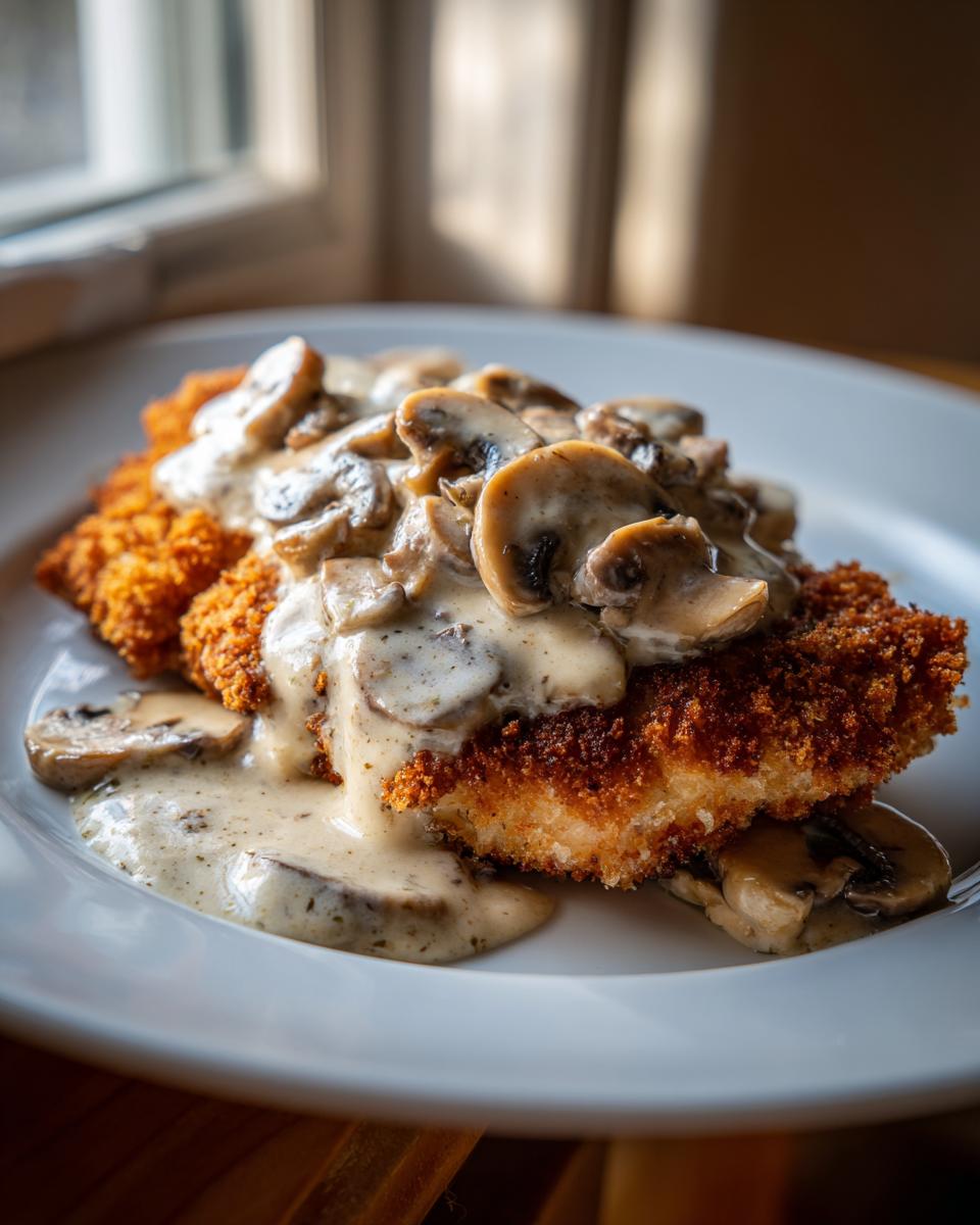 Goldbraunes Schnitzel übergossen mit cremiger Champignonrahmsauce auf einem weißen Teller.