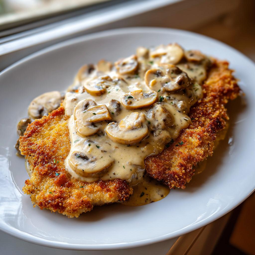 Goldbraun paniertes Schnitzel übergossen mit cremiger Champignonrahmsauce.