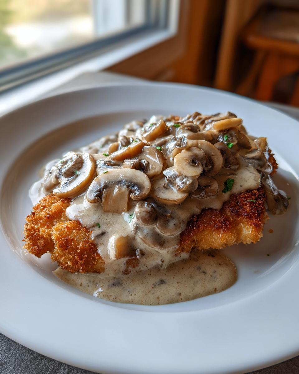 Knuspriges Schnitzel übergossen mit cremiger Champignonrahmsauce, angerichtet auf einem weißen Teller.