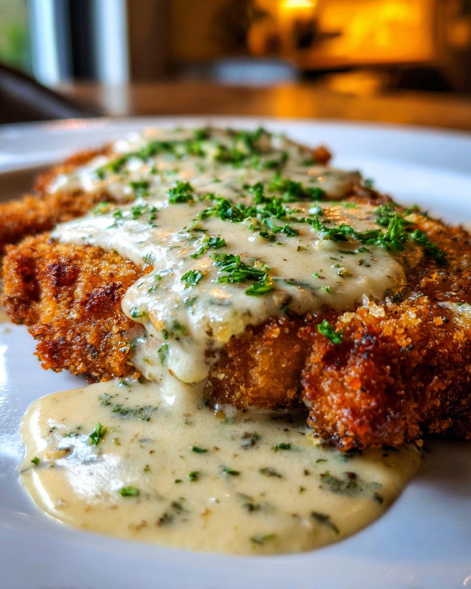 Goldbraun paniertes Schnitzel übergossen mit cremiger Knoblauchrahmsauce und Petersilie.