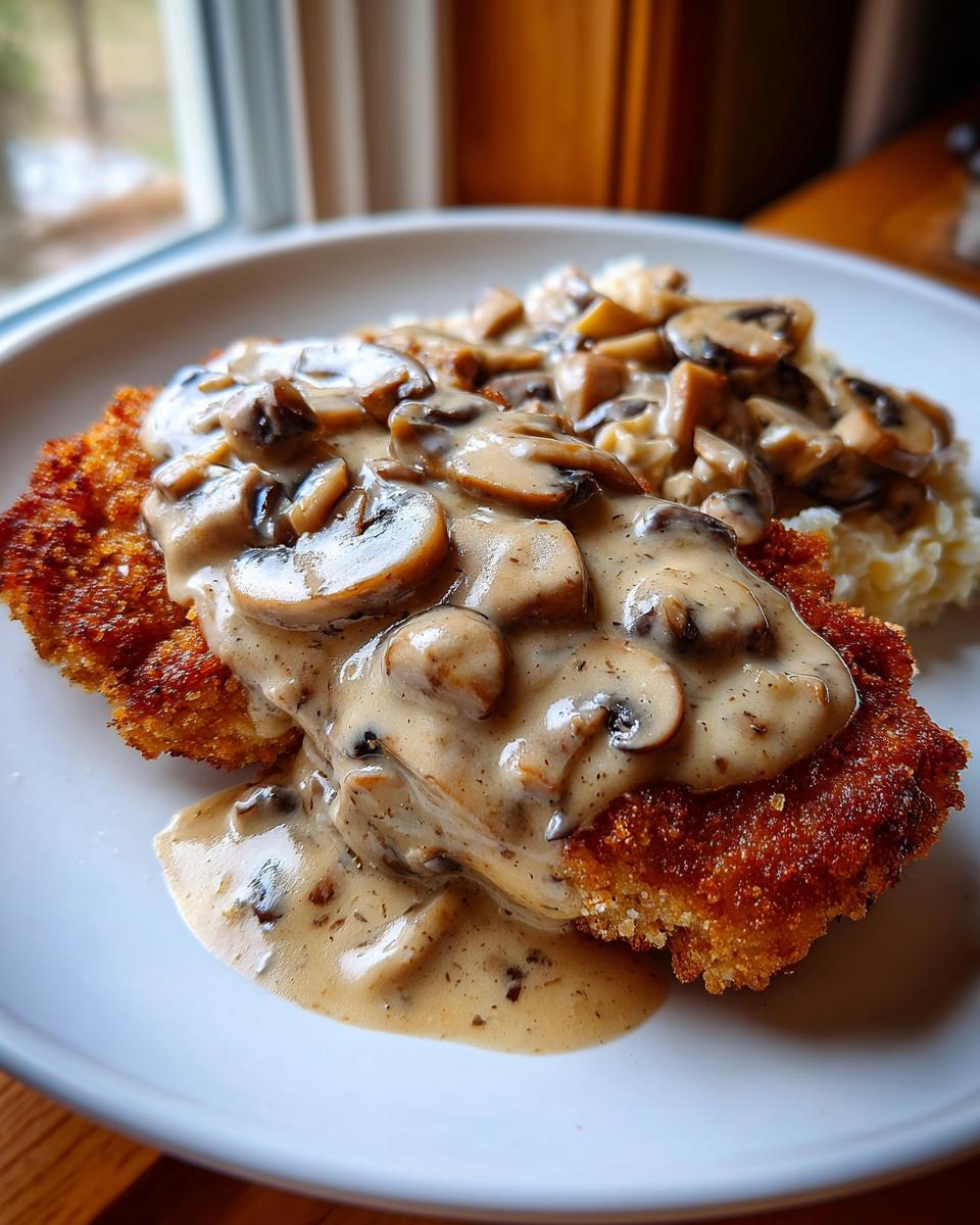 Ein goldbraun paniertes Schnitzel übergossen mit cremiger Pilz-Käsesauce und frischen Champignons.