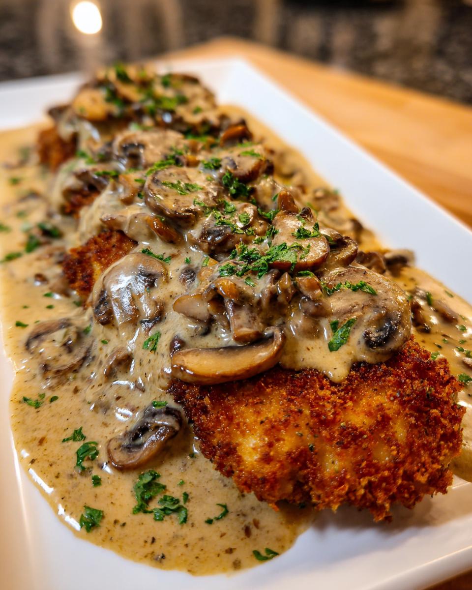 Drei panierte Schnitzel übergossen mit cremiger Pilz-Käsesauce und Petersilie.