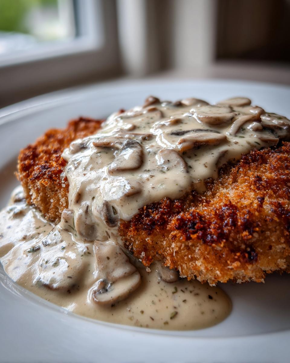 Nahaufnahme eines panierten Schnitzels übergossen mit cremiger Pilz-Käsesauce.
