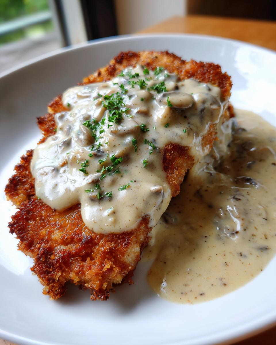 Nahaufnahme von einem panierten Schnitzel, übergossen mit cremiger Pilz-Käsesauce und Petersilie.