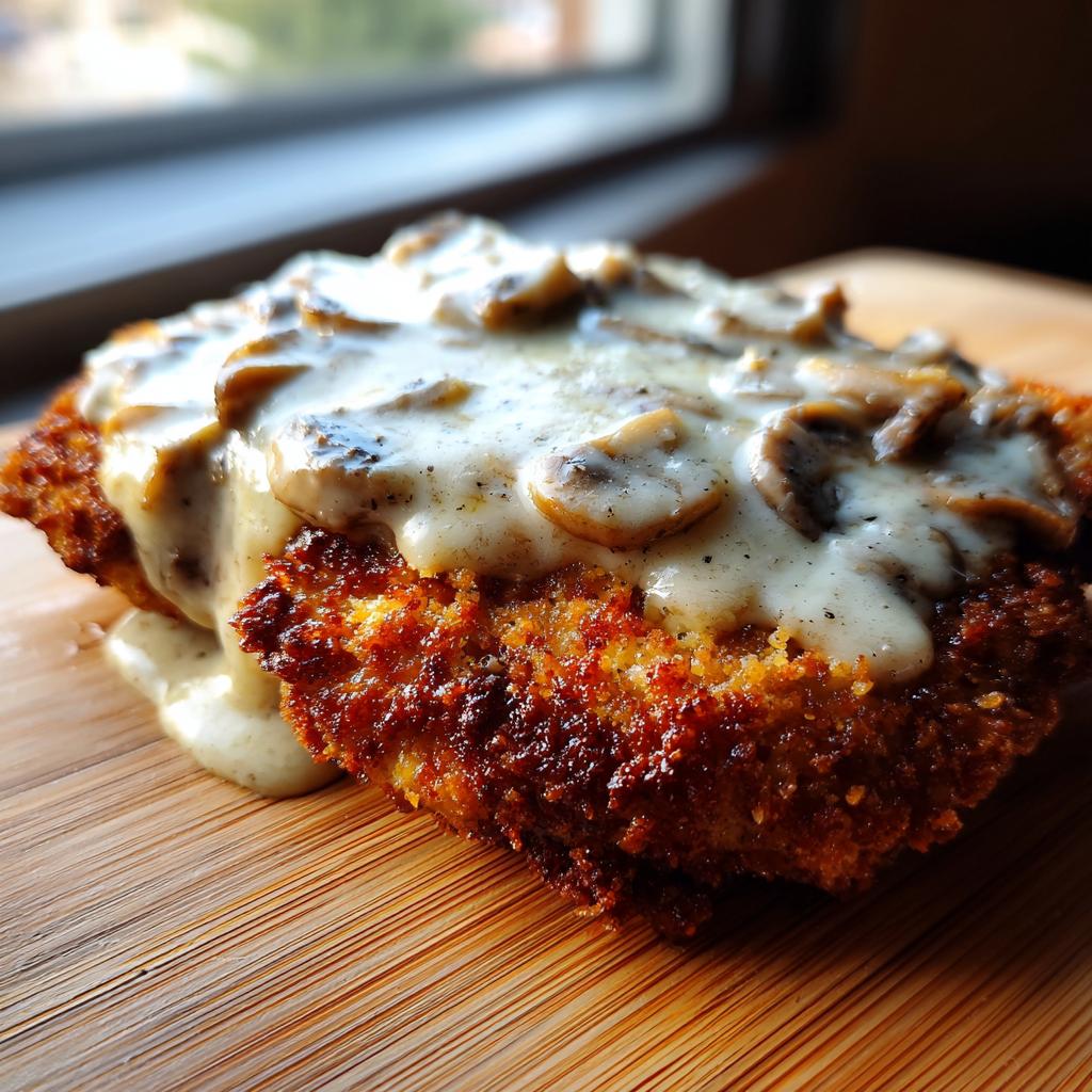 Knuspriges Schnitzel übergossen mit cremiger Pilz-Käsesauce, ein Traum für jeden Fleischliebhaber.