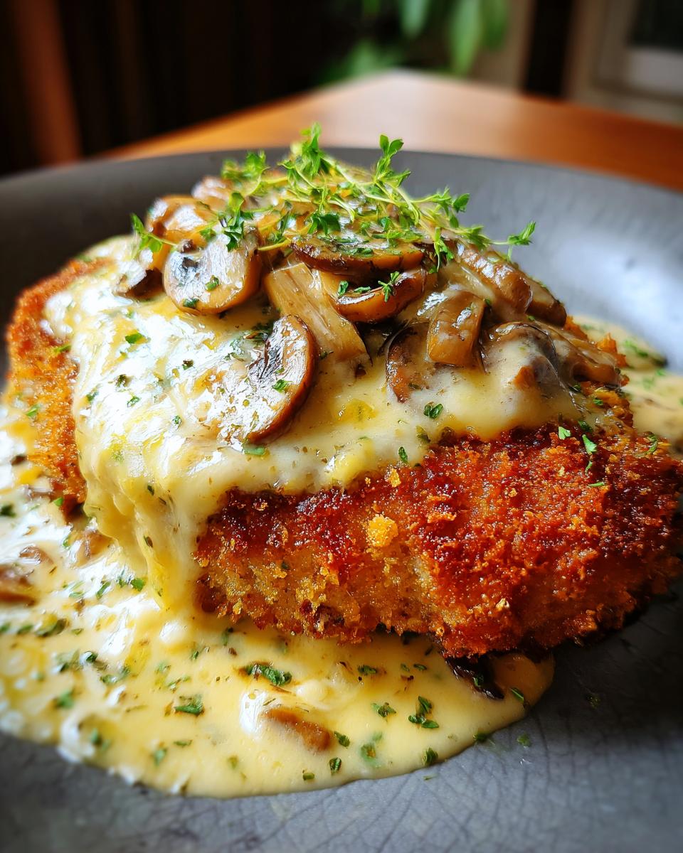 Goldbraunes Schnitzel übergossen mit cremiger Pilz-Käsesauce und frischen Kräutern.