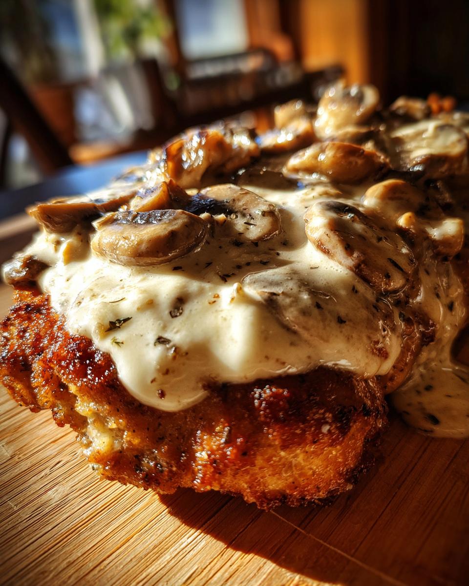 Nahaufnahme eines goldbraunen Schnitzels, üppig bedeckt mit cremiger Pilz-Käsesauce und gebratenen Champignons.