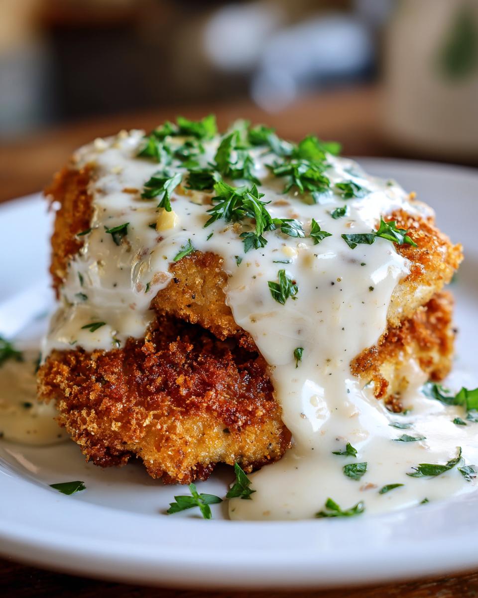 Zwei goldbraune Schnitzel übereinander, reichlich bedeckt mit cremiger Zwiebel-Sahne-Sauce und Petersilie.