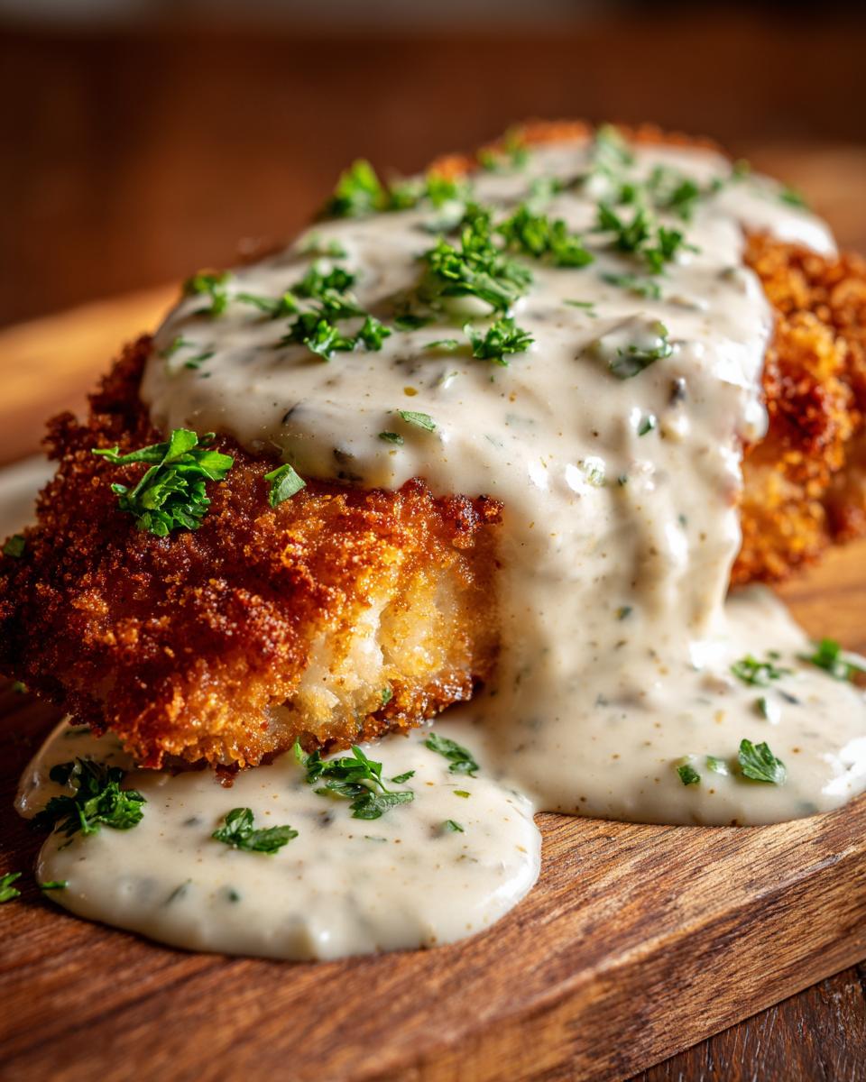 Nahaufnahme von paniertem Schnitzel, übergossen mit cremiger Zwiebel-Sahne-Sauce und Petersilie.