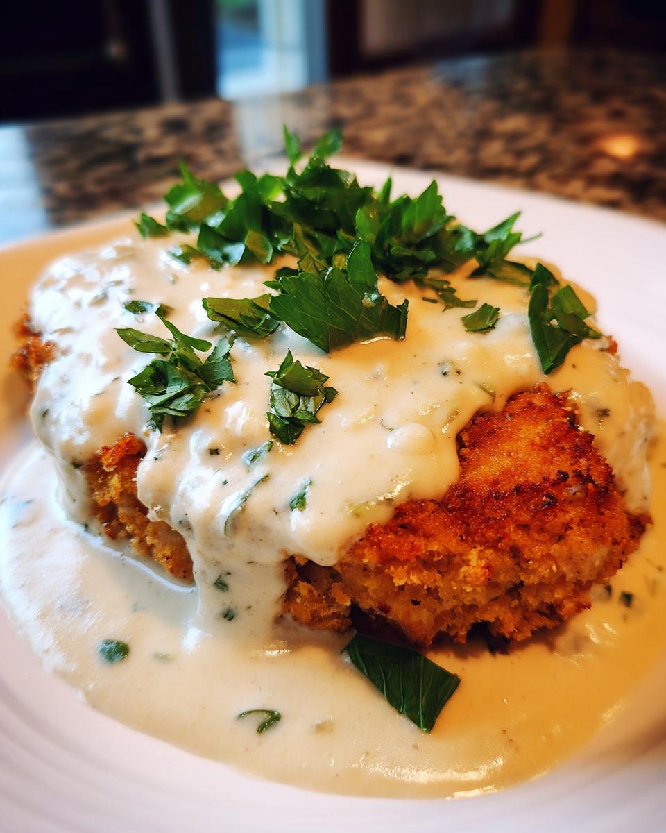 Nahaufnahme eines panierten Schnitzels, großzügig bedeckt mit cremiger Zwiebel-Sahne-Sauce und frischer Petersilie.