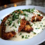 Drei goldbraune Schnitzel übergossen mit cremiger Zwiebel-Sahne-Sauce und Petersilie.