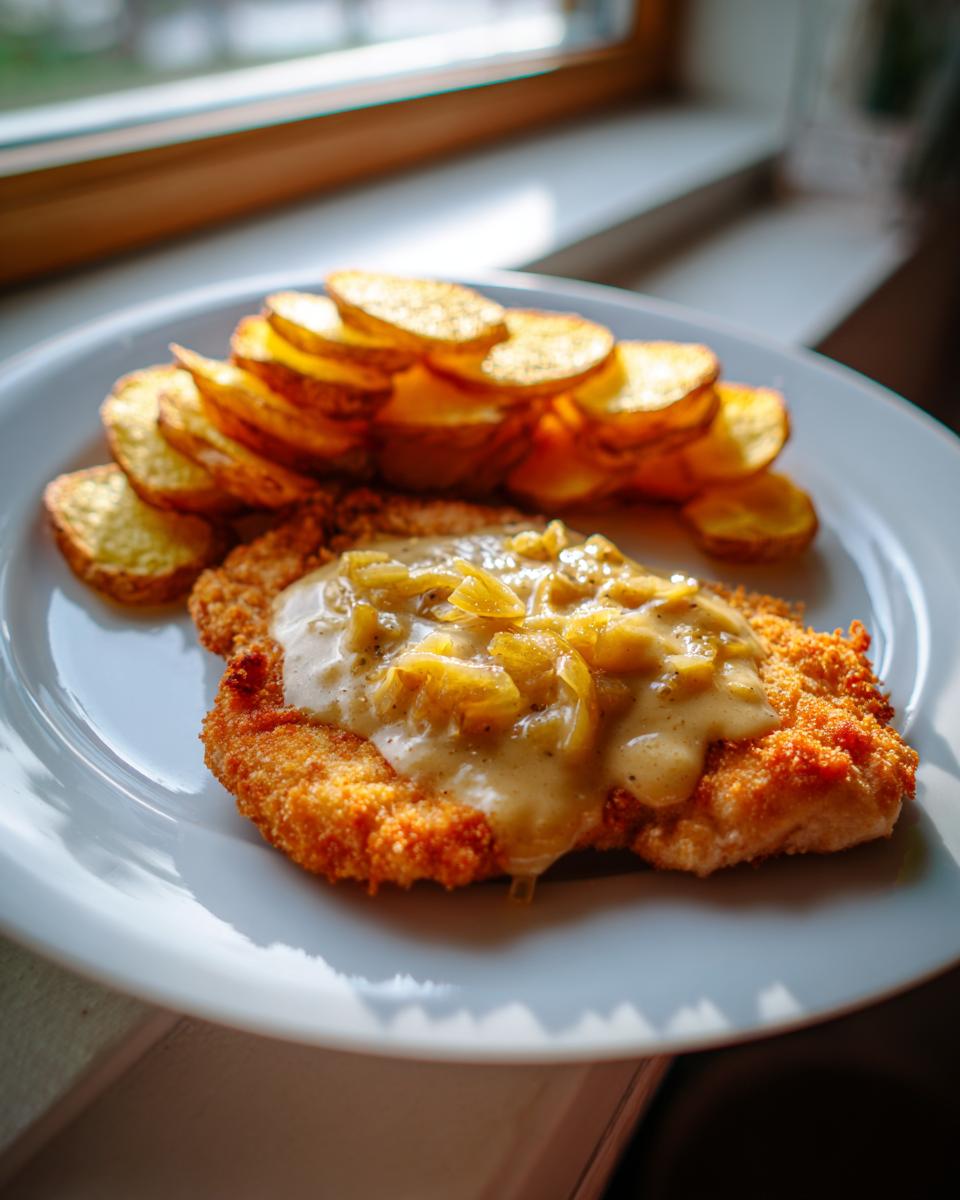 Ein goldbraunes Schnitzel mit cremiger Zwiebelsahne und knusprigen Bratkartoffeln auf einem weißen Teller.