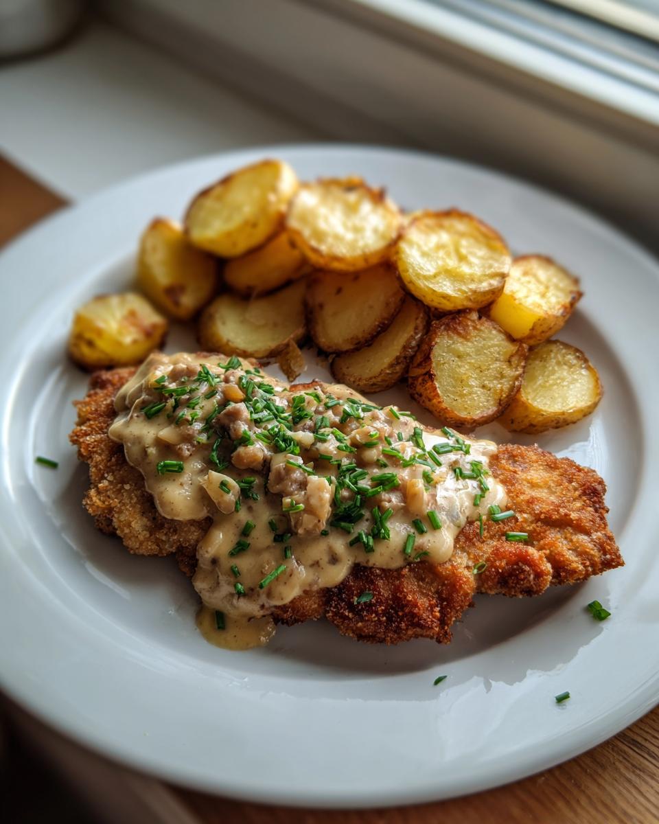 Ein goldbraunes Schnitzel mit cremiger Zwiebelsahnesauce und Schnittlauch, dazu knusprige Bratkartoffeln.