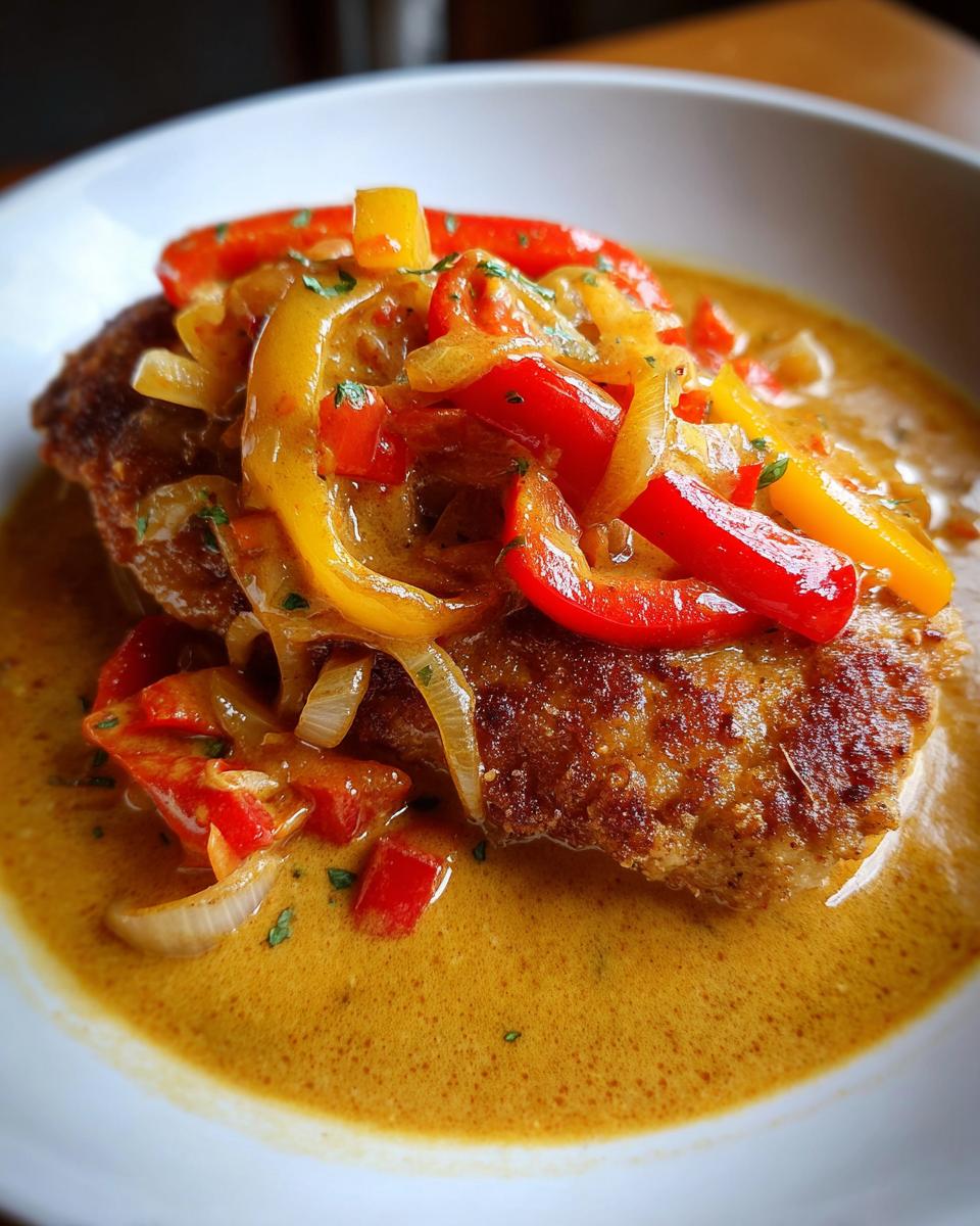 Ein paniertes Schnitzel übergossen mit cremiger Sauce und bunten Paprika-Zwiebel-Streifen – das perfekte Schnitzel in Paprika-Zwiebel-Rahm.