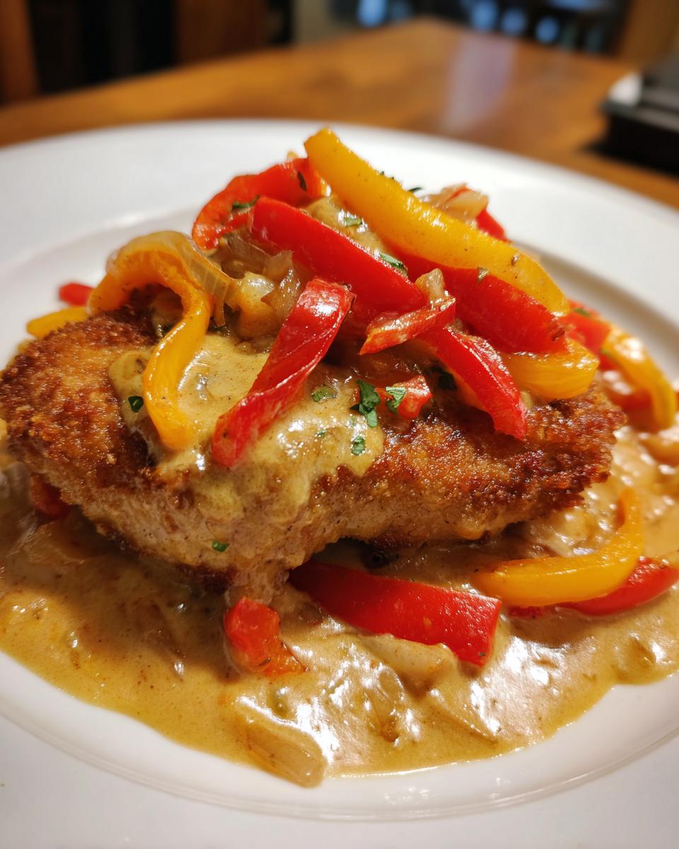 Ein paniertes Schnitzel übergossen mit cremiger Sauce und bunten Streifen von Paprika und Zwiebeln: Schnitzel in Paprika-Zwiebel-Rahm.