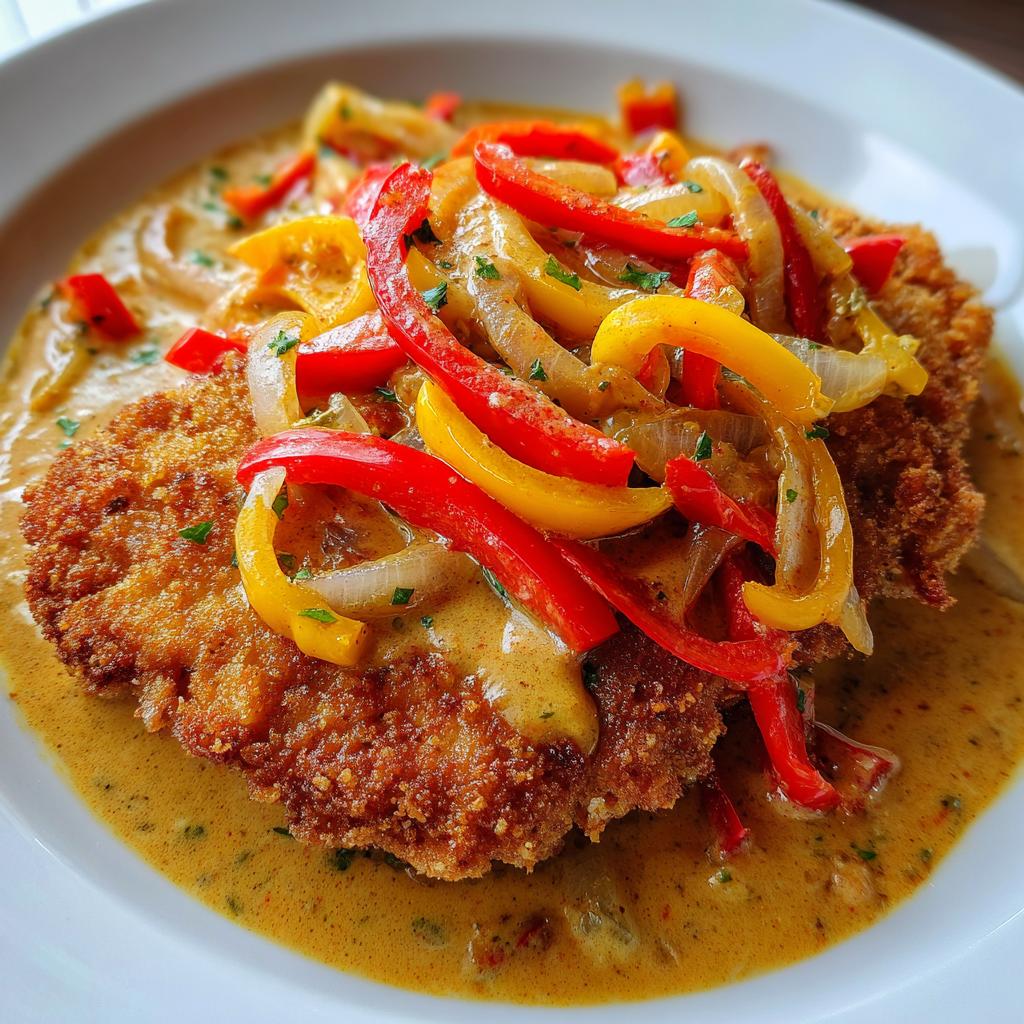 Knuspriges Schnitzel in cremiger Soße, belegt mit leuchtend roten und gelben Paprikastreifen und Zwiebeln – das Schnitzel in Paprika-Zwiebel-Rahm.