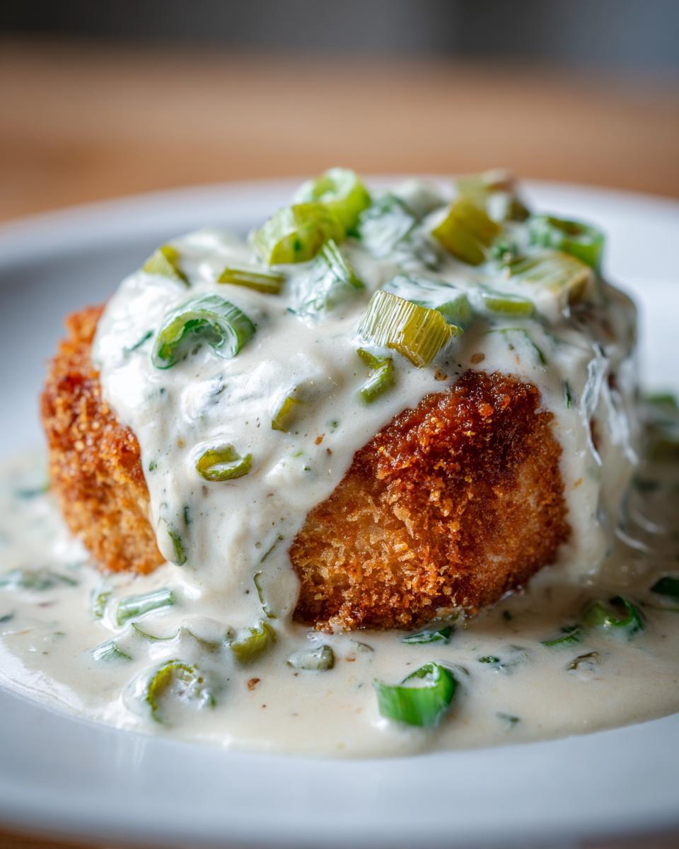 Ein knuspriges Schnitzel übergossen mit cremiger Rahm-Lauch-Sauce und frischem Schnittlauch.