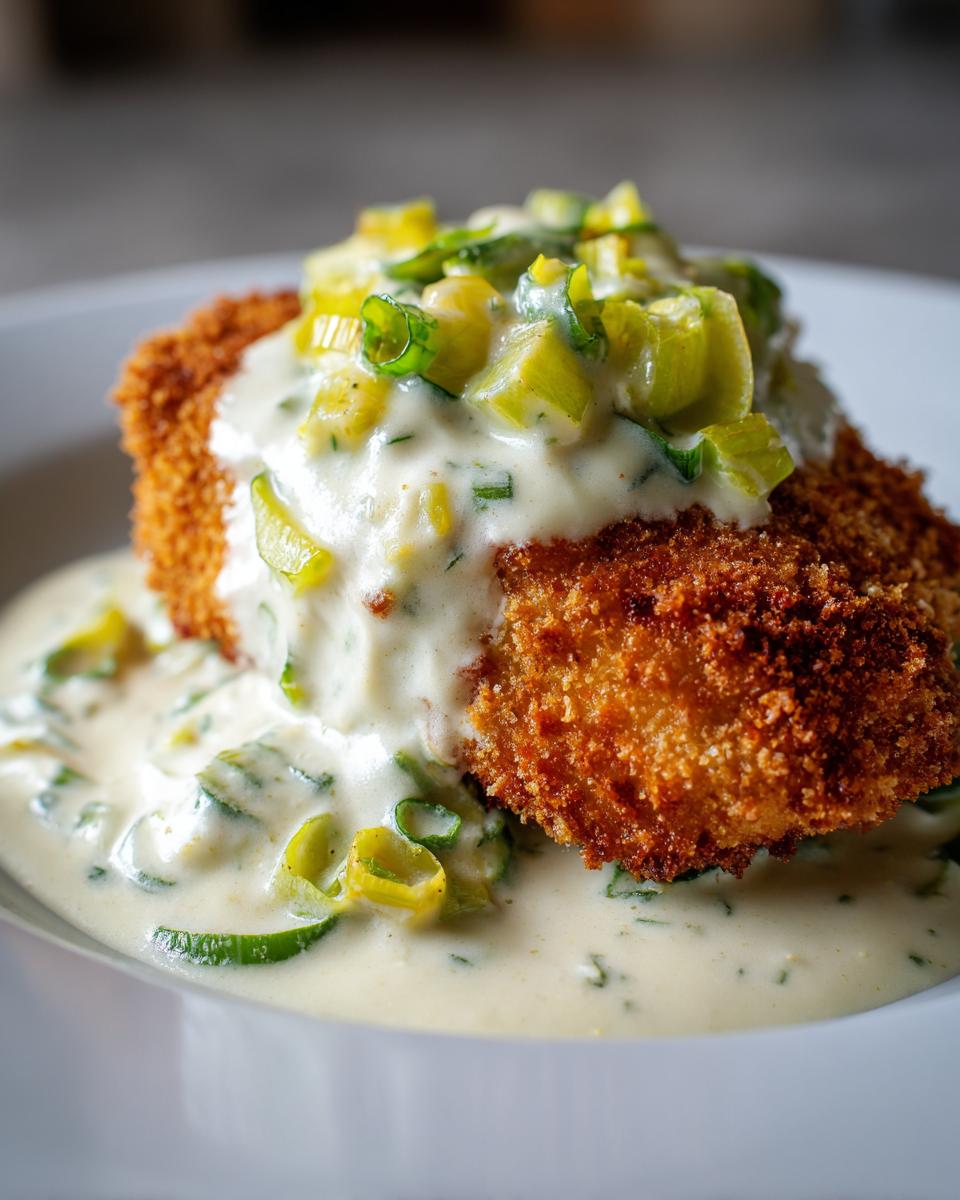 Goldbraun paniertes Schnitzel übergossen mit cremiger Rahm-Lauch-Sauce mit viel frischem Lauch.