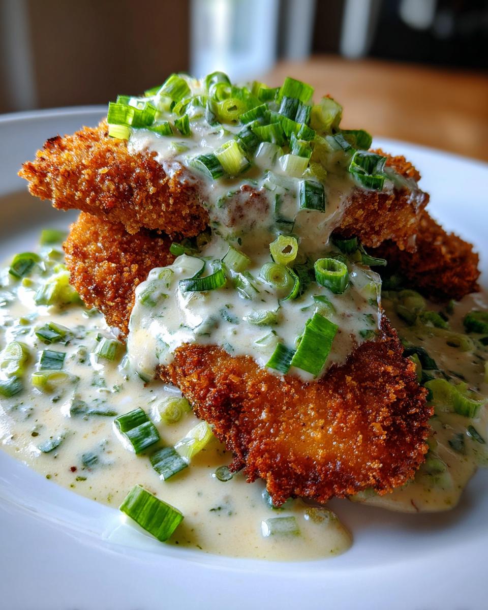 Zwei goldbraune Schnitzelstücke übergossen mit cremiger Rahm-Lauch-Sauce und frischen Schnittlauchröllchen.
