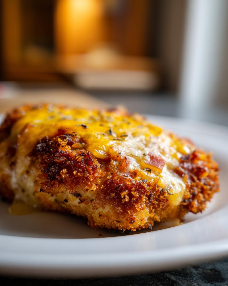 Nahaufnahme eines panierten Schnitzels, das mit geschmolzenem Käse und Schinken überbacken ist.