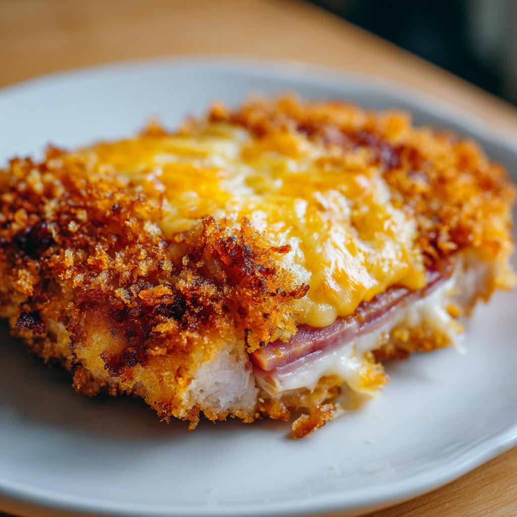 Nahaufnahme von saftigem Schnitzel überbacken mit Käse und Schinken, goldbraun paniert.