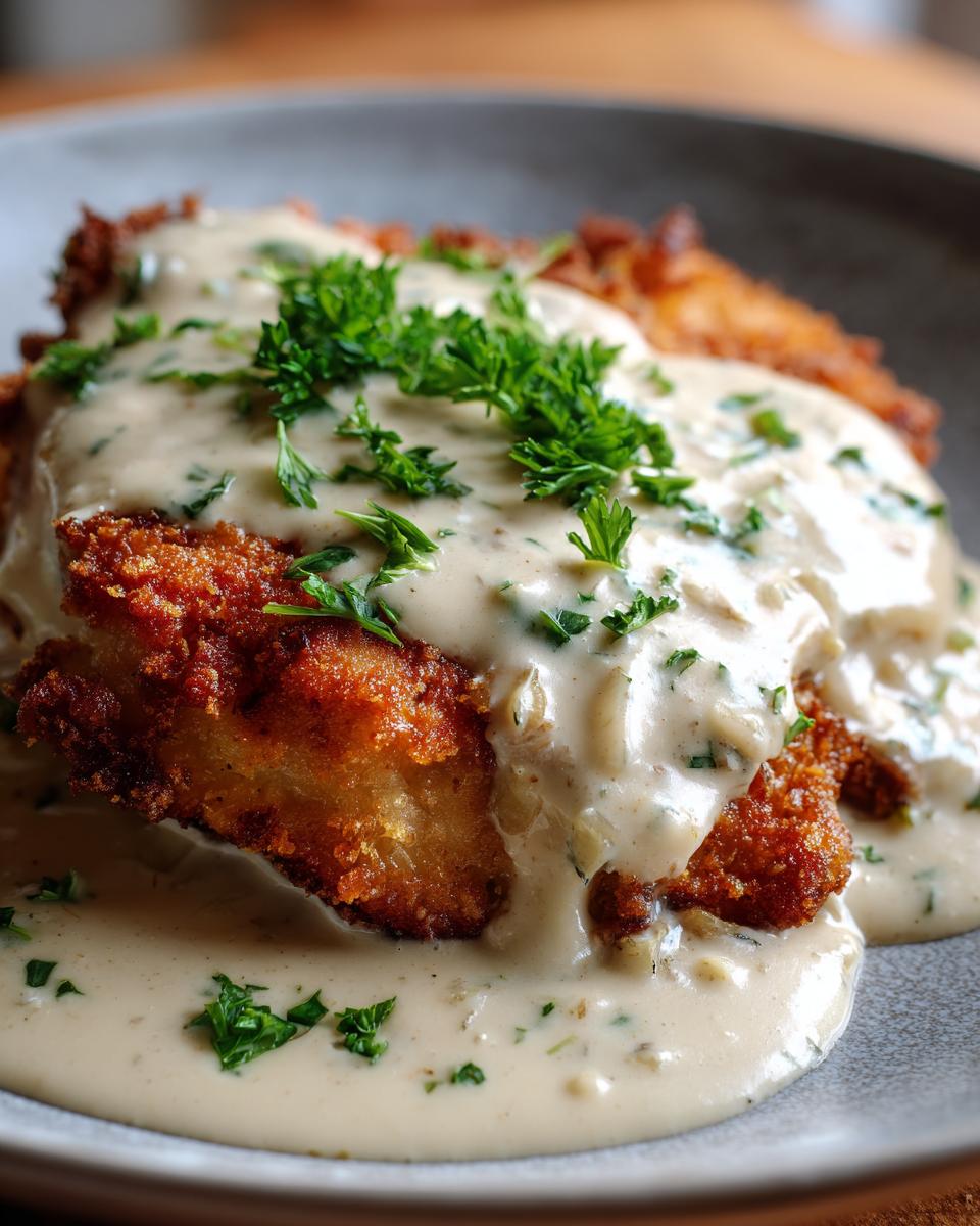 Nahaufnahme von goldbraunem Schnitzel, übergossen mit cremiger Zwiebel-Sahne-Sauce und Petersilie.