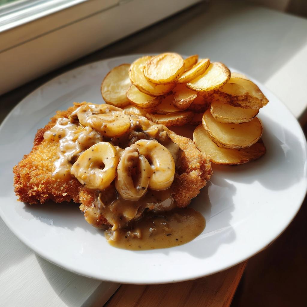 Ein goldbraunes Schnitzel mit cremiger Zwiebelsahnesoße und knusprigen Bratkartoffeln auf einem weißen Teller.