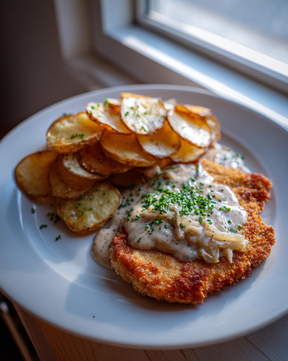 Ein goldbraunes Schnitzel mit cremiger Zwiebelsahnesoße und knusprigen Bratkartoffeln auf einem weißen Teller.