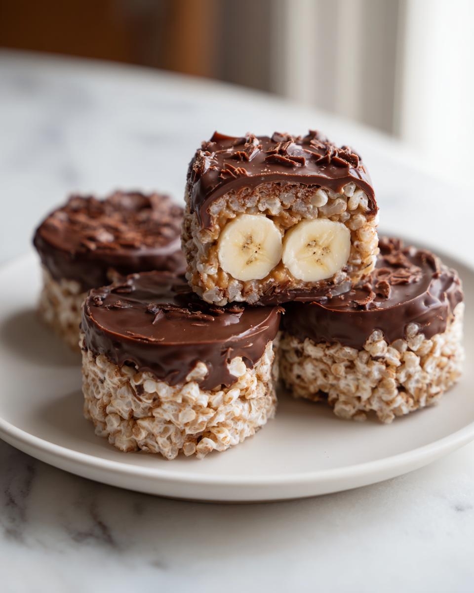 Vier runde Stücke Schoko-Bananen-Sushi auf einem Teller, eines angeschnitten mit Bananenscheiben in der Mitte.