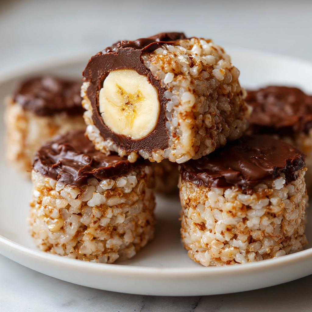 Ein aufgeschnittenes Stück Schoko-Bananen-Sushi zeigt die Bananenfüllung, umgeben von Reis und Schokoladenglasur.