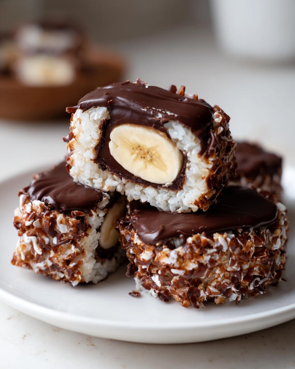 Drei süße Stücke Schoko-Bananen-Sushi mit Banane, Reis und dunkler Schokoladenglasur, umhüllt von Kokosraspeln.