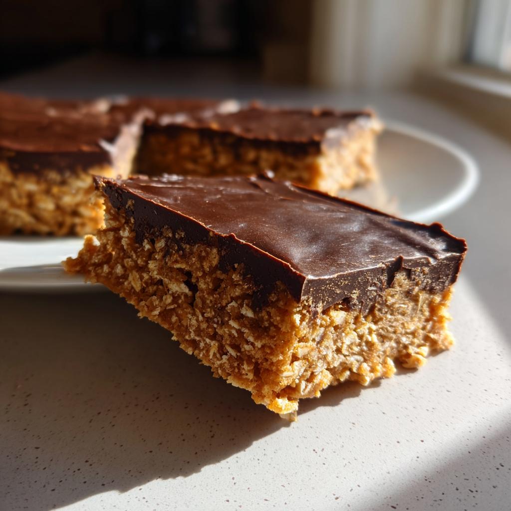 Nahaufnahme eines Schoko-Erdnussbutter-Hafer-Bars mit knuspriger Basis und dunkler Schokoladenglasur.