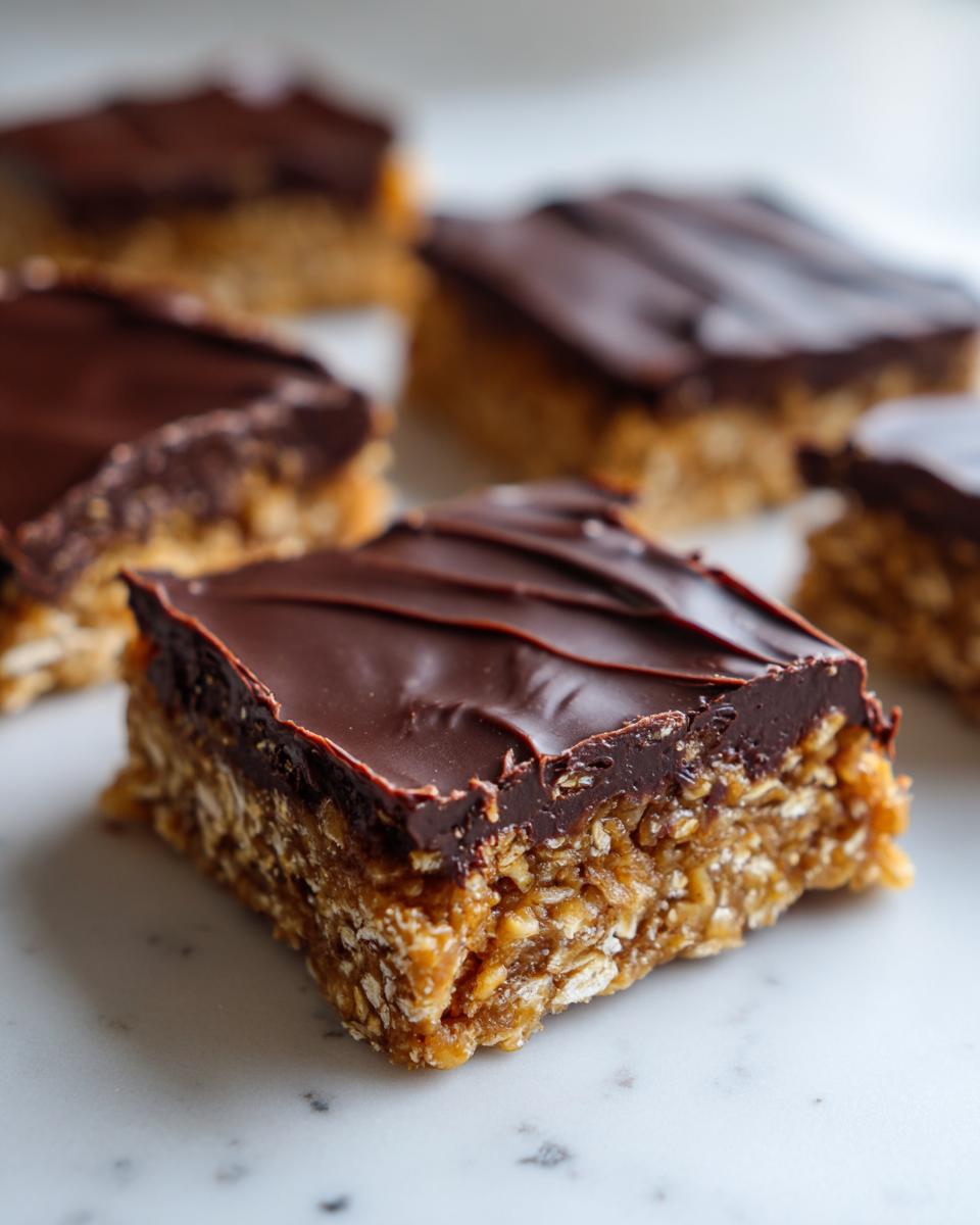 Ein Stück Schoko-Erdnussbutter-Hafer-Bars mit einer dicken Schicht dunkler Schokolade obenauf, auf Marmor.