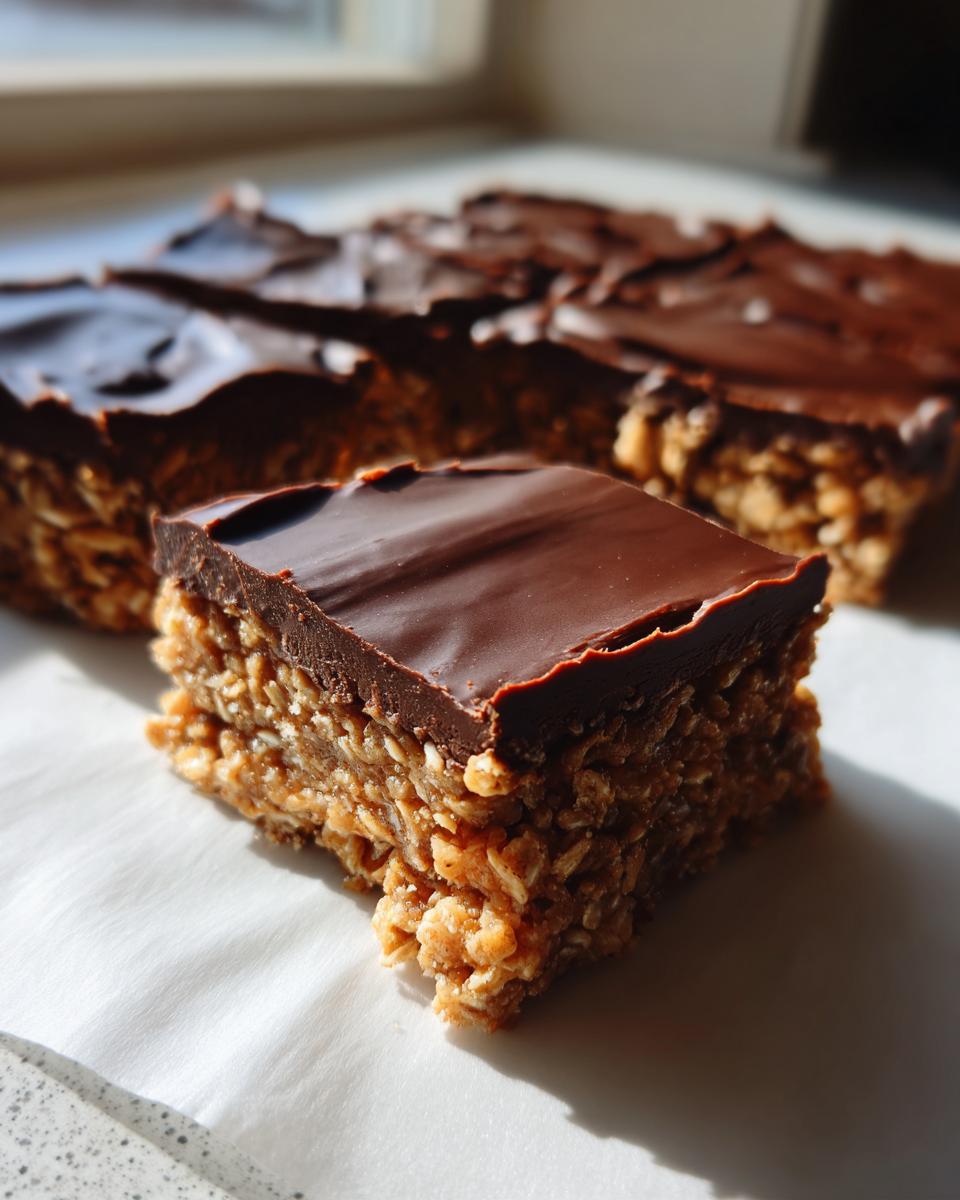 Nahaufnahme eines quadratischen Schoko-Erdnussbutter-Hafer-Bars mit dicker Schokoglasur auf Backpapier.
