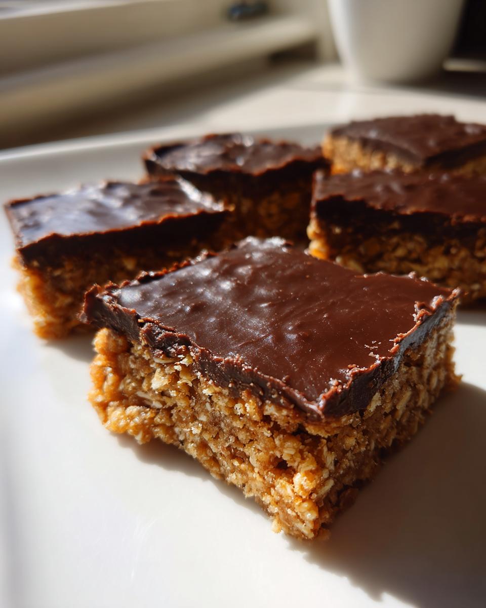 Nahaufnahme von saftigen Schoko-Erdnussbutter-Hafer-Bars mit dunkler Schokoladenglasur auf einem weißen Teller.